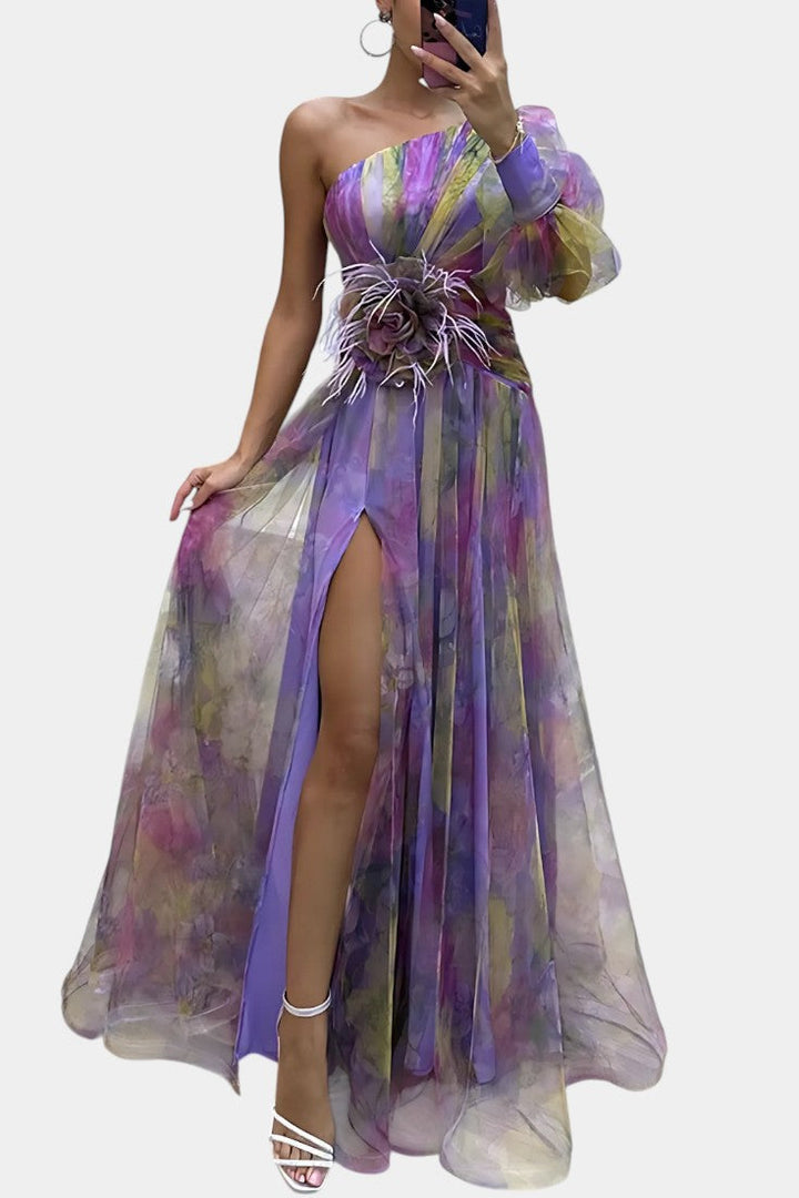 Теодора Асиметрична Макси Рокля с Едно Рамо и Артистичен Узор