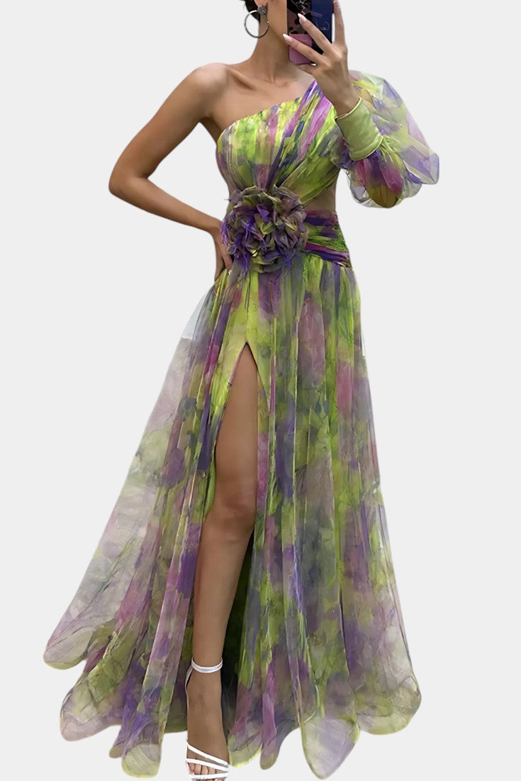 Теодора Асиметрична Макси Рокля с Едно Рамо и Артистичен Узор