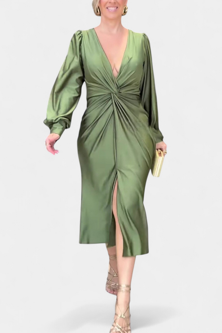 Лена Дълга Рокля с Дълги Ръкави и V-образно Деколте