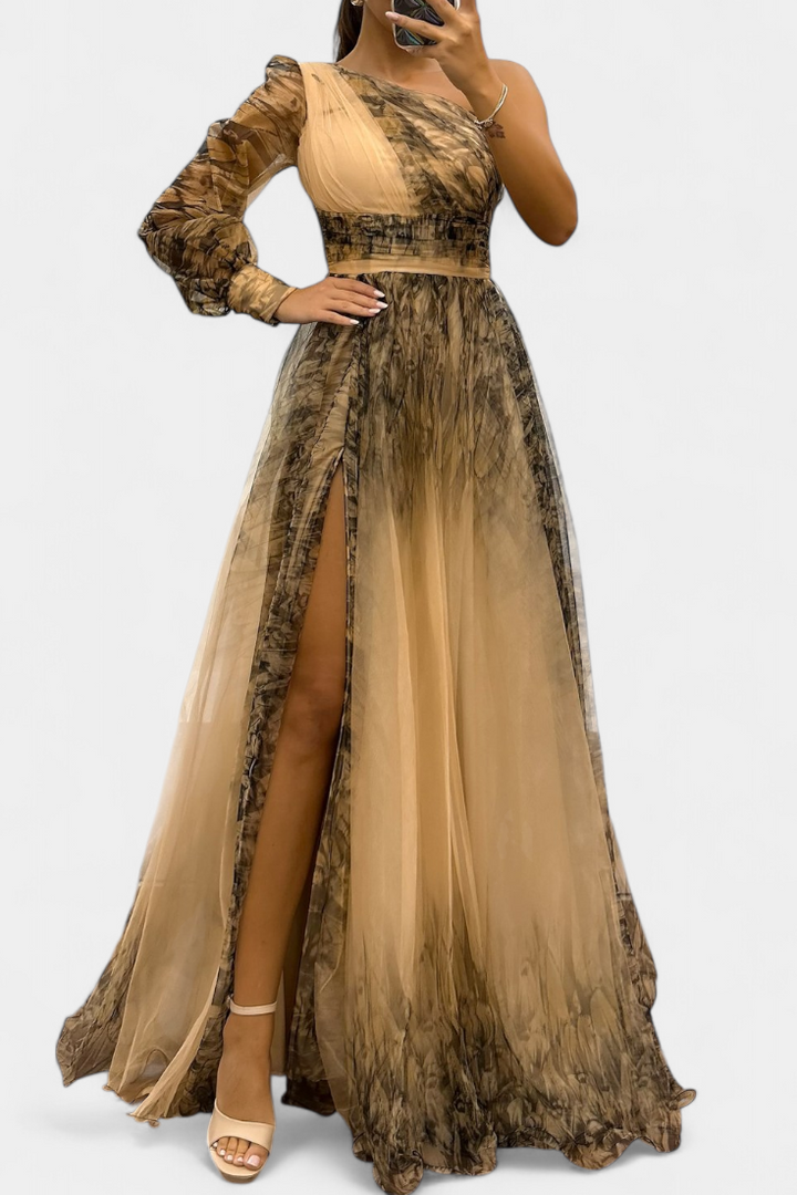 Наталия Макси Рокля от Шифон с Открито Рамо и Обемен Цвете