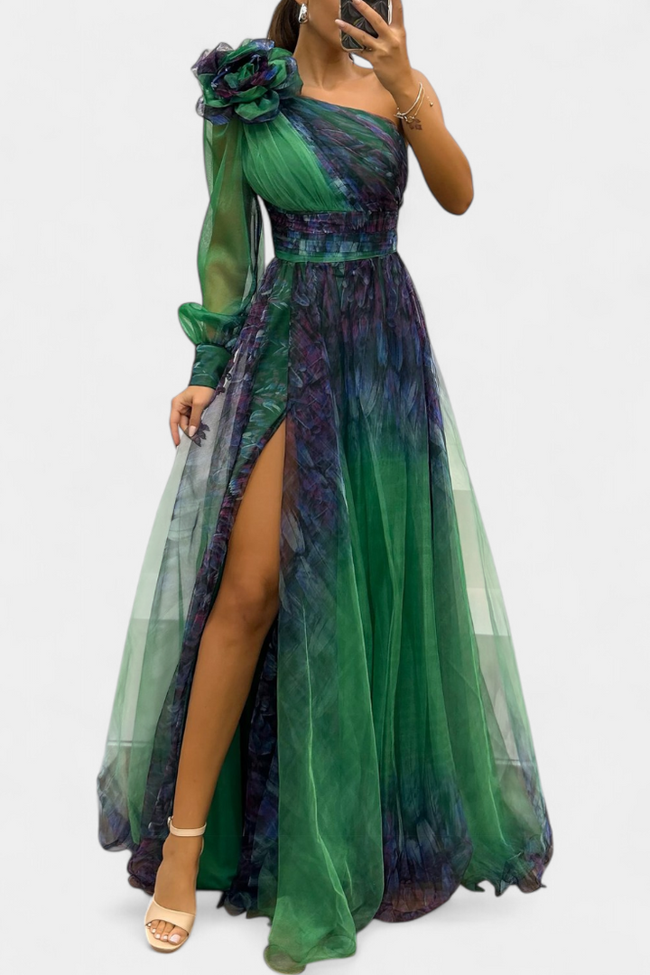 Наталия Макси Рокля от Шифон с Открито Рамо и Обемен Цвете