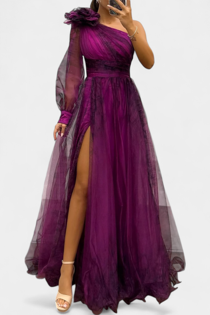 Наталия Макси Рокля от Шифон с Открито Рамо и Обемен Цвете