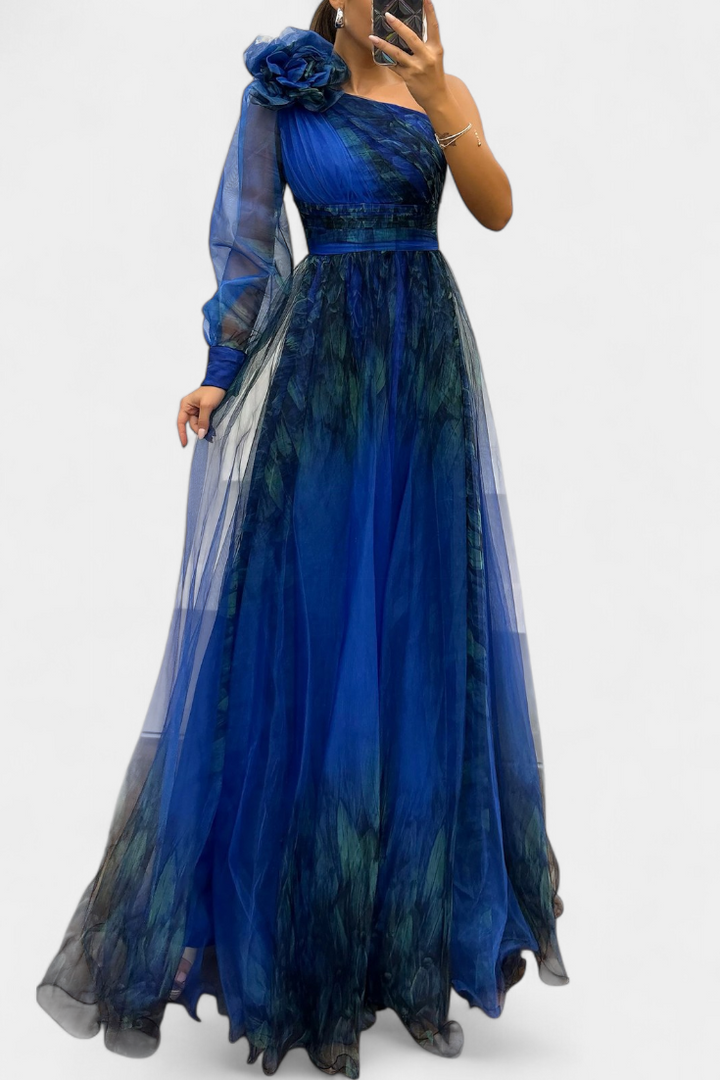 Наталия Макси Рокля от Шифон с Открито Рамо и Обемен Цвете